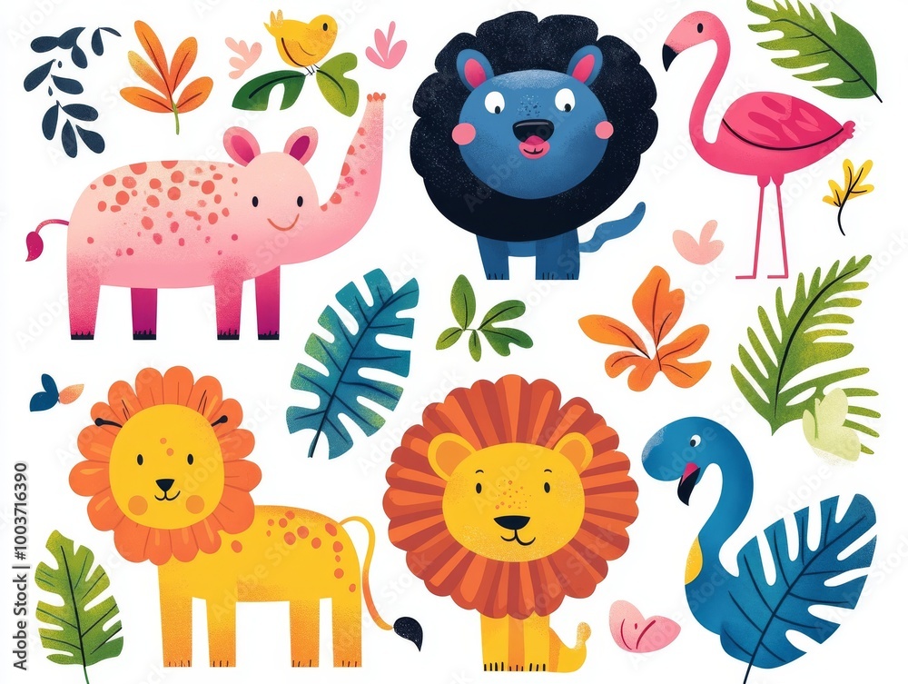 Naklejka premium 2408 36.A vibrant set of savannah animals in a flat children's illustration style, featuring a playful rhinoceros, a curious lemur, a proud lion, a flamboyant flamingo, and colorful tropical leaves.