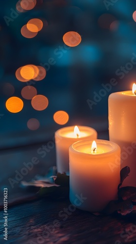 a cozy and warm scene with three lit candles placed on a surface. The candles are of different heights, with the tallest one at the back and the shortest at the front.