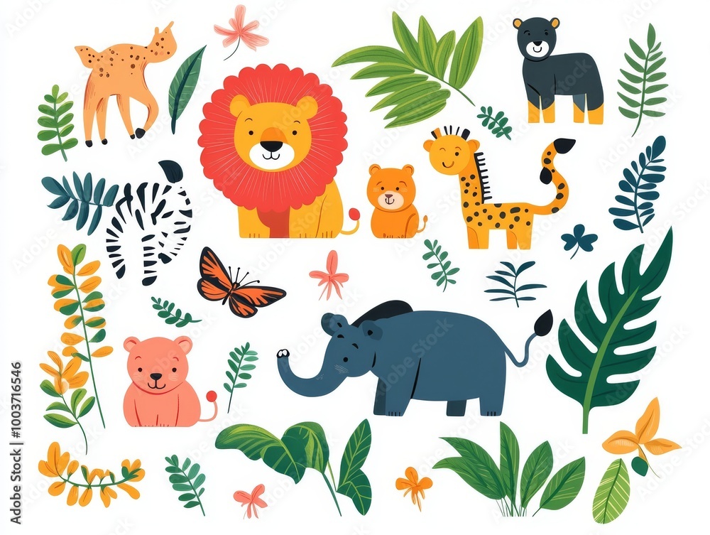 Obraz premium 2408 39.A lively set of flat vector illustrations of savannah animals like lions, rhinos, lemurs, and tigers, surrounded by tropical plants. The bright, cheerful design is ideal for children's