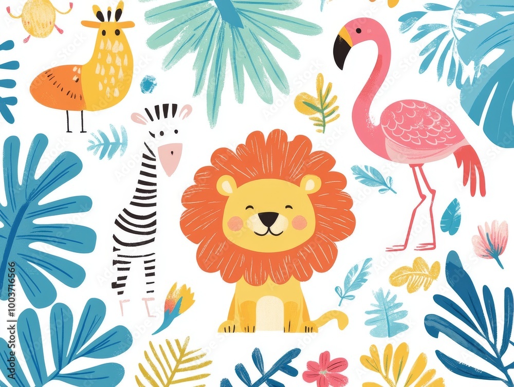 2408 40.A playful collection of flat-style savannah animals including a lion, parrot, flamingo, and zebra, with colorful tropical leaves. The simple, charming design captures the essence of the 2408 40.A playful collection of flat-style savannah animals including a lion, parrot, flamingo, and zebra, with colorful tropical leaves. The simple, charming design captures the essence of the