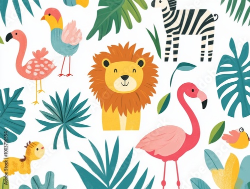 Wallpaper Mural 2408 40.A playful collection of flat-style savannah animals including a lion, parrot, flamingo, and zebra, with colorful tropical leaves. The simple, charming design captures the essence of the Torontodigital.ca
