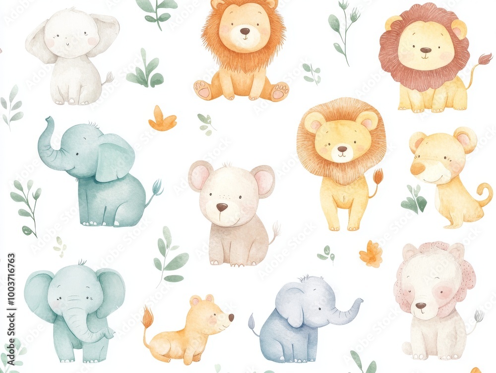 2408 44.A collection of baby animals in a soft, pastel illustration style, including elephants, lions, and bears, set against a white background. Perfect for children’s products, baby clothing 2408 44.A collection of baby animals in a soft, pastel illustration style, including elephants, lions, and bears, set against a white background. Perfect for children’s products, baby clothing