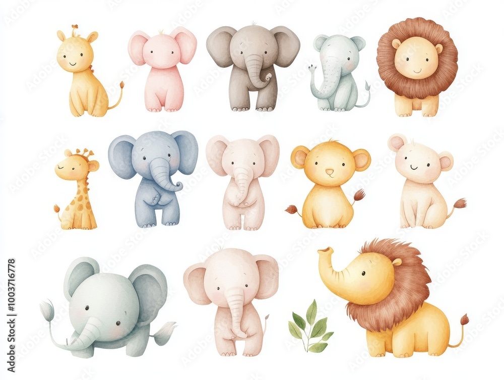 Fototapeta premium 2408 44.A collection of baby animals in a soft, pastel illustration style, including elephants, lions, and bears, set against a white background. Perfect for childrenâ€™s products, baby clothing