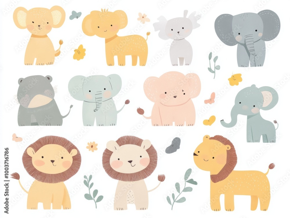 Fototapeta premium 2408 44.A collection of baby animals in a soft, pastel illustration style, including elephants, lions, and bears, set against a white background. Perfect for children’s products, baby clothing