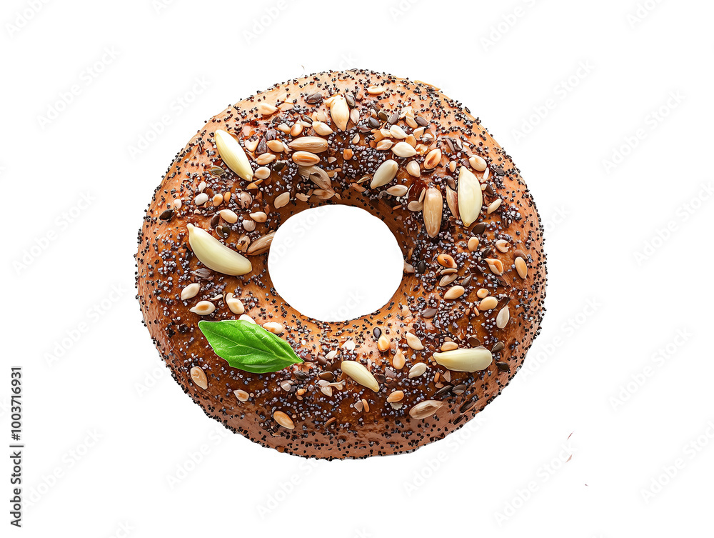 Whole grain bagel topped with seeds and a green leaf, isolated on PNG cutout background. Whole grain bagel topped with seeds and a green leaf, isolated on PNG cutout background.