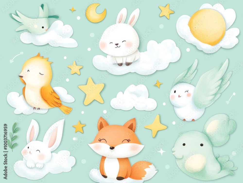 2408 50.A cute cartoon sticker set with hand-drawn animals like birds, foxes, and bunnies, paired with sky elements such as clouds, stars, and moons. The doodles are perfect for creating playful, 2408 50.A cute cartoon sticker set with hand-drawn animals like birds, foxes, and bunnies, paired with sky elements such as clouds, stars, and moons. The doodles are perfect for creating playful,