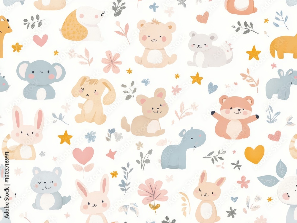2408 51.A seamless pattern featuring cute baby animals such as bunnies, bears, elephants, and foxes, all illustrated in a soft pastel color palette. The animals are arranged in a playful, repetitive 2408 51.A seamless pattern featuring cute baby animals such as bunnies, bears, elephants, and foxes, all illustrated in a soft pastel color palette. The animals are arranged in a playful, repetitive
