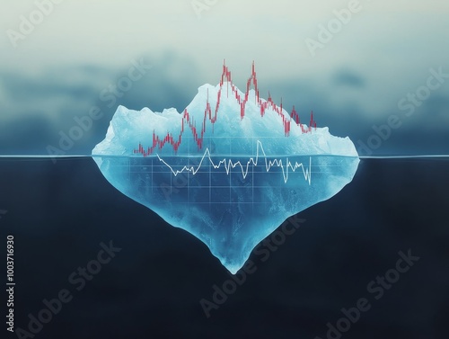 Iceberg with a line graph showing financial market fluctuations, representing risk and hidden dangers.