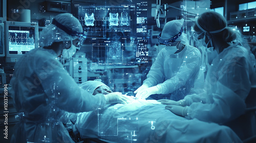 A Cinematic Photograph Capturing a Digital Overlay in an Operating Room, Showcasing the Advanced Technology and Precision of Modern Medicine, Highlighting the Fusion of Digital Innovation and Healthca photo