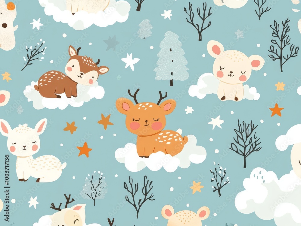 2408 52.A seamless pattern showcasing adorable baby animals like kittens, puppies, lambs, and baby deer, surrounded by elements like clouds, stars, and small trees. The design uses a soft color 2408 52.A seamless pattern showcasing adorable baby animals like kittens, puppies, lambs, and baby deer, surrounded by elements like clouds, stars, and small trees. The design uses a soft color