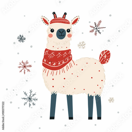 Cute llama in festive winter attire photo