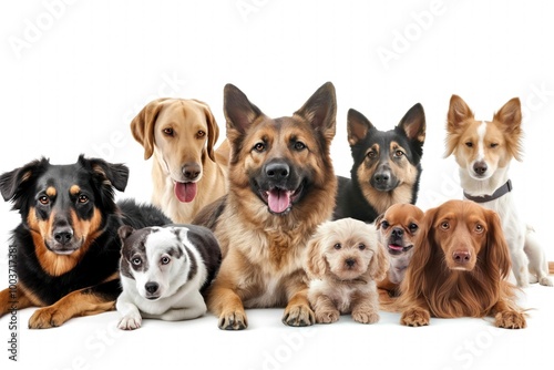 Cute pets on white background. Group of adorable animals, dogs, cats, playful companions. Various breeds, mix of domesticated mammals. Furry friends looking at, cute kitten, puppy sitting together.