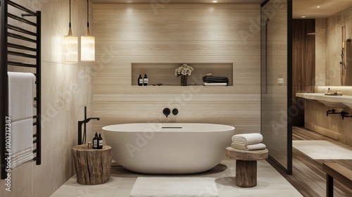 Clean, neutral colored, yet masculine bathroom, interior, apartment, design, house, luxury, modern, light, home, white, sink, room, floor, wall, bath