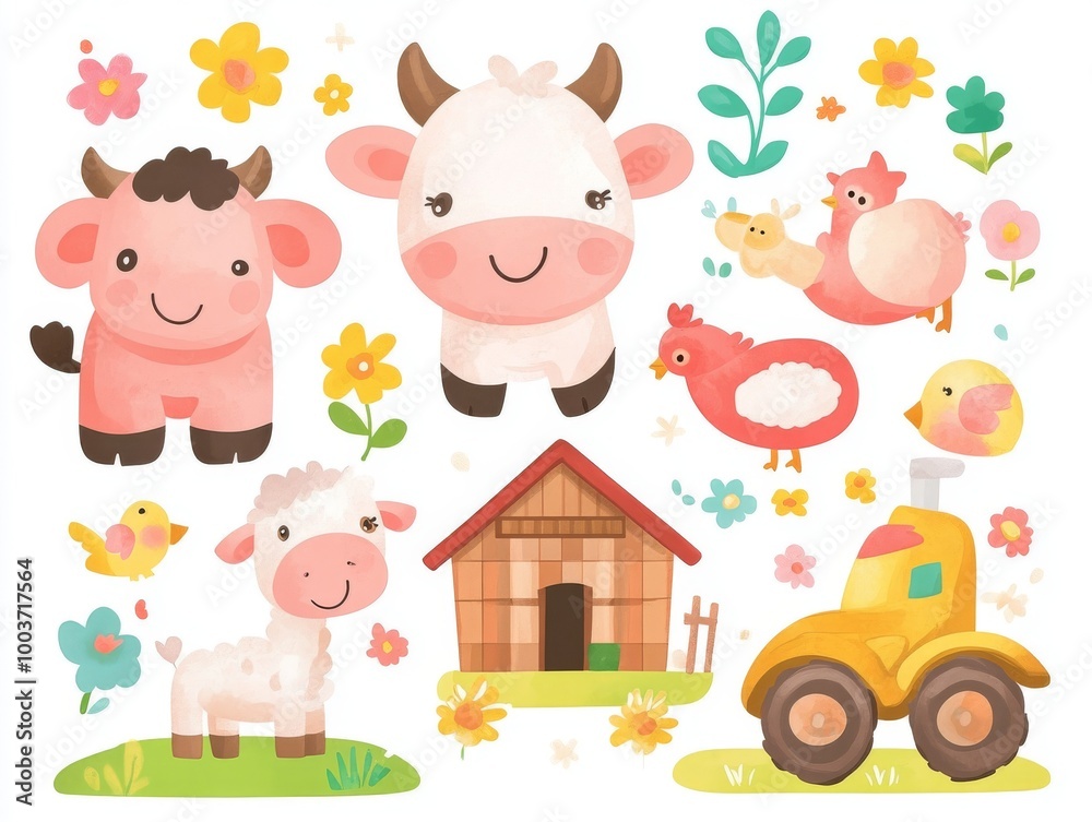 2408 69.A charming vector set of cute baby animals like a cow, donkey, sheep, and chicken, surrounded by farm-related elements like a tractor, barn, and fence. The bright colors and playful style 2408 69.A charming vector set of cute baby animals like a cow, donkey, sheep, and chicken, surrounded by farm-related elements like a tractor, barn, and fence. The bright colors and playful style