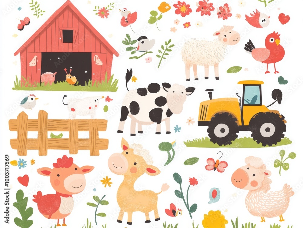 2408 69.A charming vector set of cute baby animals like a cow, donkey, sheep, and chicken, surrounded by farm-related elements like a tractor, barn, and fence. The bright colors and playful style 2408 69.A charming vector set of cute baby animals like a cow, donkey, sheep, and chicken, surrounded by farm-related elements like a tractor, barn, and fence. The bright colors and playful style