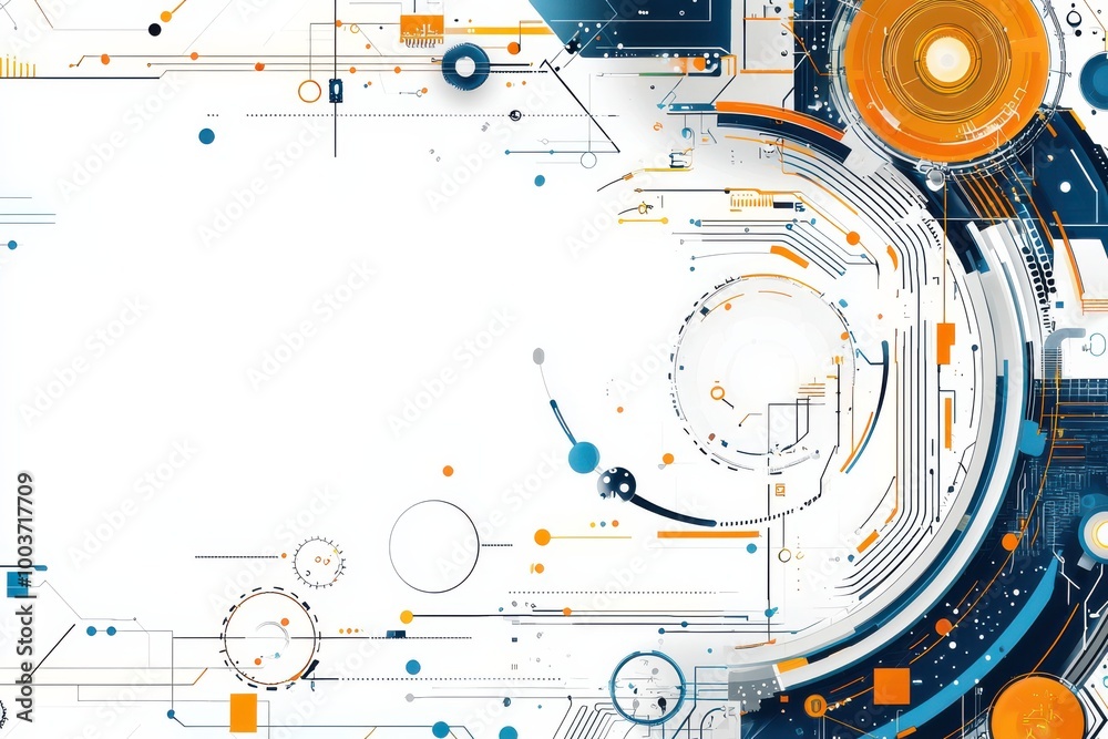 Obraz premium background with geometric color blocks and circular patterns in blue and orange, creating a modern and futuristic design ideal for technology themes