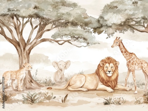 2408 74.A whimsical watercolor scene of safari animals like giraffes, lions, and elephants resting in the shade of a tree. The muted colors and fluid brushstrokes give the image a dreamlike quality, photo