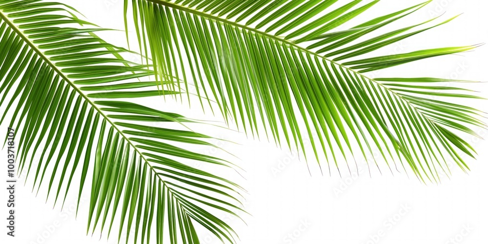 Obraz premium Close-up of green coconut palm leaves isolated on white background. Delicate, exotic, tropical foliage with many palm leaves in different textures, colors. Fresh, rich, botanical collection features