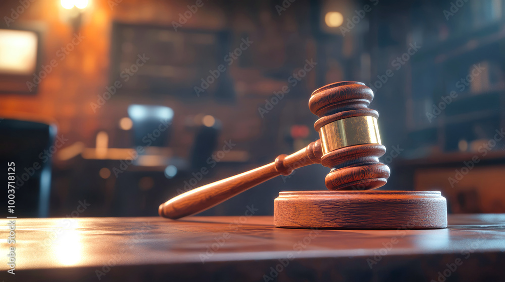 Stylized wooden judge gavel resting on a desk with a blurred office interior and bokeh light illustrating the concept of law and justice Stylized wooden judge gavel resting on a desk with a blurred office interior and bokeh light illustrating the concept of law and justice