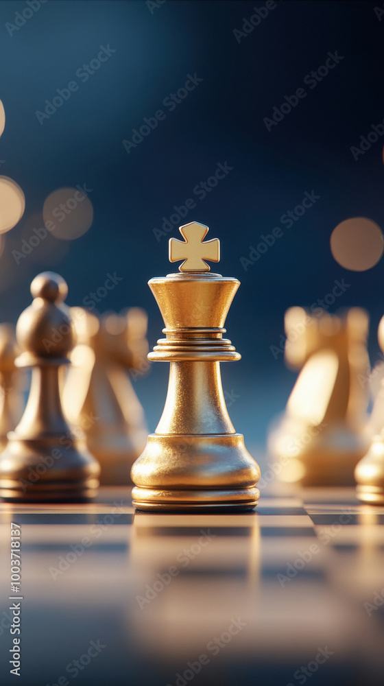 golden king chess piece stands on the board