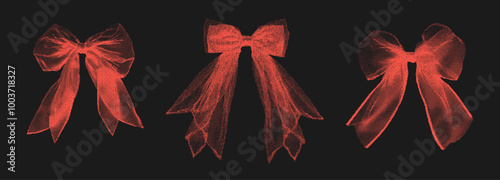 Dark gothic halftone bows set. Retro photocopy effect. Red Y2K pixel texture. Collage elements for mixed media design. Vintage grunge bitmap.