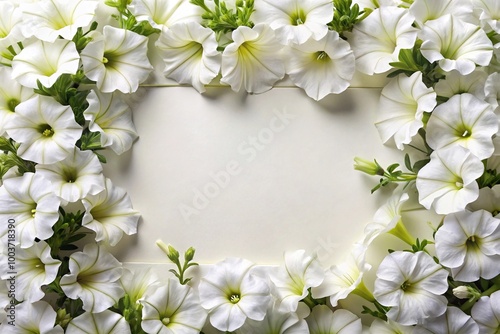 White surfinia ampelous petunia flowers on floral postcard photo