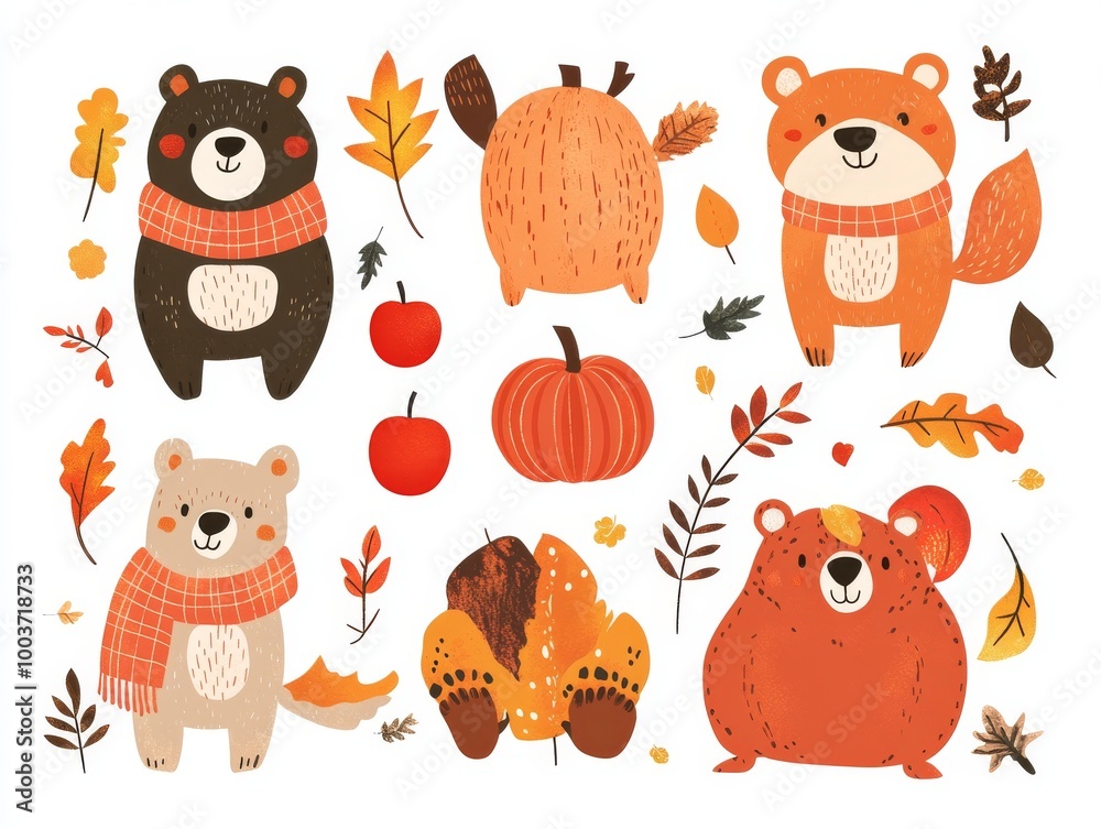 Fototapeta premium 2408 97.A set of cute autumn animals, including a grizzly bear, illustrated with cozy seasonal elements like pumpkins, apples, and warm scarves. The playful design and bright autumn colors make it