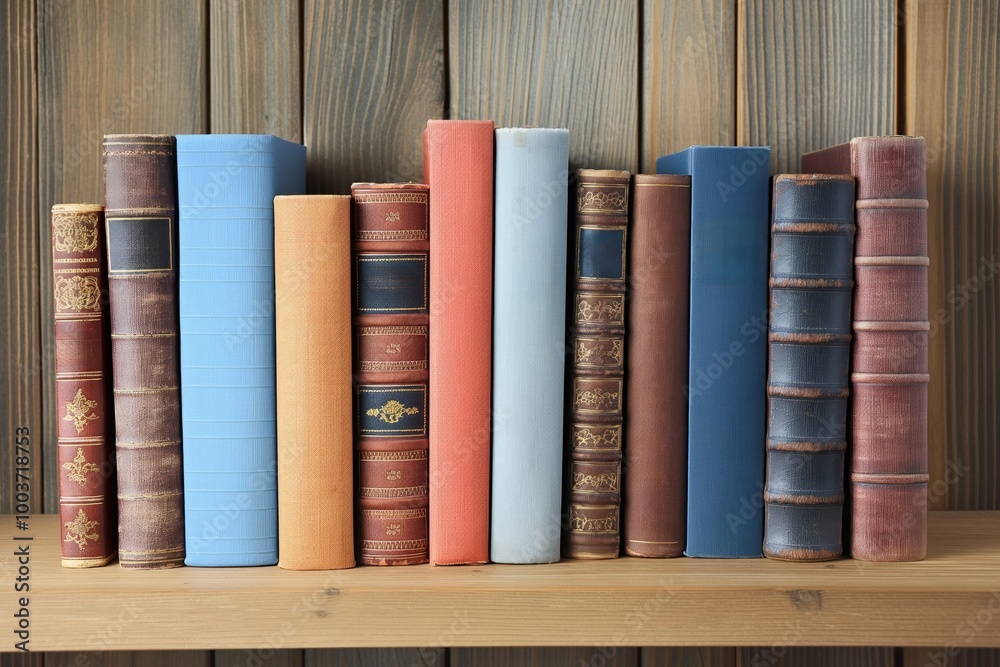 Naklejka premium Aged wooden shelf with classic book collection. Close-up of worn wooden surface and old book spines. Brown cardboard covers, vintage design, and weathered texture.