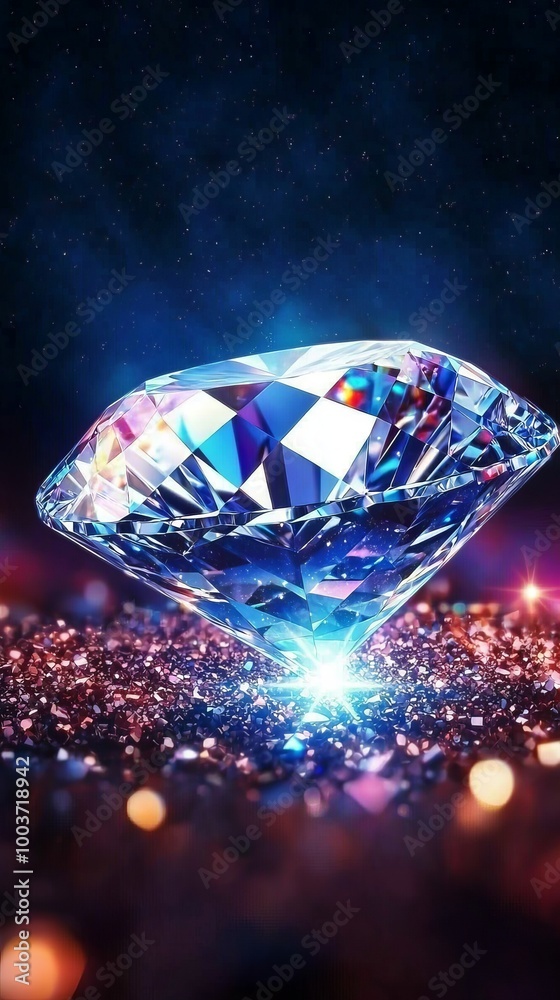 A tight shot of a diamond, centered against a hazy backdrop of twinkling lights and sparks A tight shot of a diamond, centered against a hazy backdrop of twinkling lights and sparks