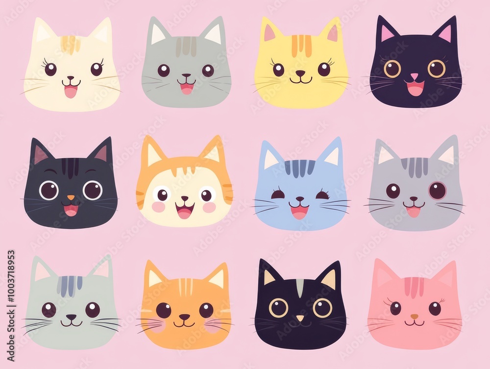 2408 102.A collection of cartoon cat faces in square silhouettes, featuring various fur colors and cute details like pink ears, tiny tongues, and round eyes. The cats have simple, flat designs in a
