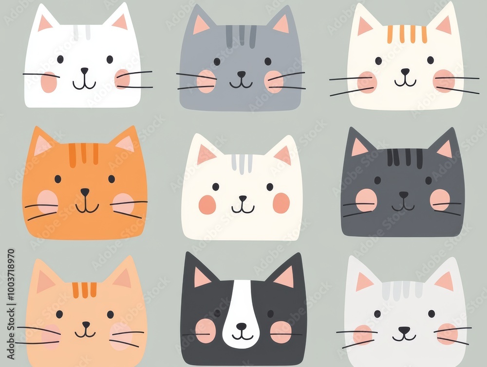 Fototapeta premium 2408 103.A playful set of cat face illustrations with square heads, each in different colors like orange, gray, and white. The cats have cute pink noses, pointy ears, and cheerful expressions, with a