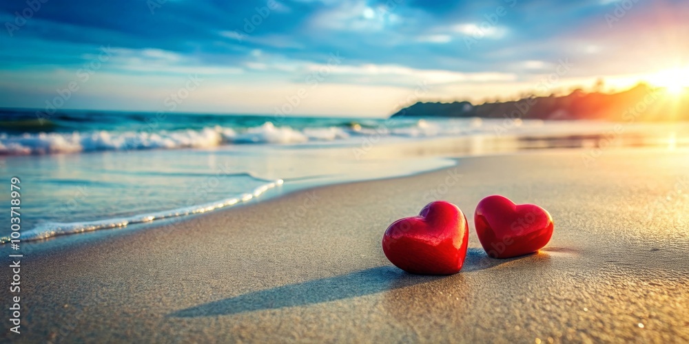 Two heart shapes on sand, ocean sunset, Valentine's Day, romantic scene Two heart shapes on sand, ocean sunset, Valentine's Day, romantic scene