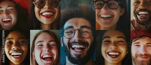 A candid real-life photograph of diverse people smiling joyfully in a variety of settings, capturing the universal spirit of happiness and connection in celebration of World Smile Day 