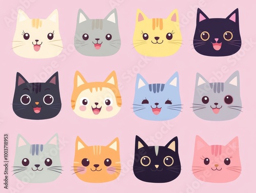 2408 102.A collection of cartoon cat faces in square silhouettes, featuring various fur colors and cute details like pink ears, tiny tongues, and round eyes. The cats have simple, flat designs in a