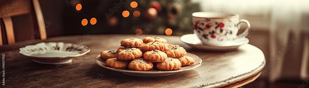 Warm cookies on a wooden table, paired with a cozy cup, perfect for a sweet moment by the window. Warm cookies on a wooden table, paired with a cozy cup, perfect for a sweet moment by the window.
