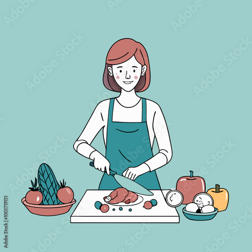 Content woman cooking with a smile while chopping ingredients at a light blue background with vegetables and meat