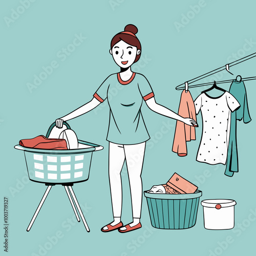 Happy woman organizing laundry with a smile while holding a basket at a light blue background with hanging clothes 
