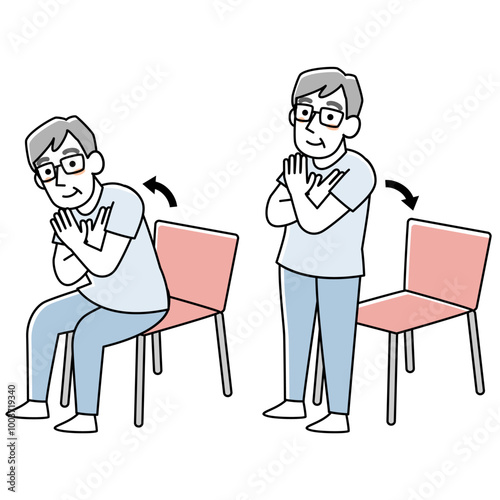 椅子を使ってスクワットをするシニア男性