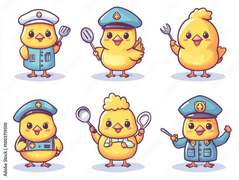 2408 122.A set of cheerful yellow chicks dressed up in different careers, such as a chef with a spoon, a police officer with a whistle, and a doctor with a stethoscope. The cute vector design makes 2408 122.A set of cheerful yellow chicks dressed up in different careers, such as a chef with a spoon, a police officer with a whistle, and a doctor with a stethoscope. The cute vector design makes
