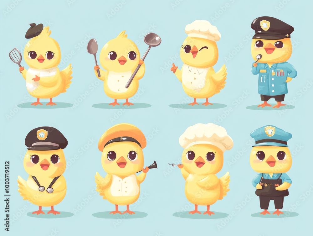 2408 122.A set of cheerful yellow chicks dressed up in different careers, such as a chef with a spoon, a police officer with a whistle, and a doctor with a stethoscope. The cute vector design makes 2408 122.A set of cheerful yellow chicks dressed up in different careers, such as a chef with a spoon, a police officer with a whistle, and a doctor with a stethoscope. The cute vector design makes