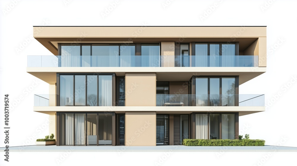 Front view of a luxury apartment exterior design isolated on a white background Front view of a luxury apartment exterior design isolated on a white background