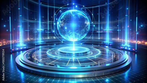 Image of rays around illuminated rotating globe in circles, numbers over abstract background