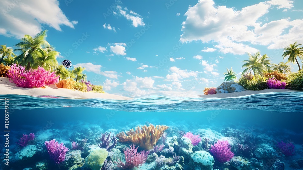 Naklejka premium Travel and vacation background. 3d illustration with cut of the ground and the beautiful sea underwater. Baby sea isolated on blue. 