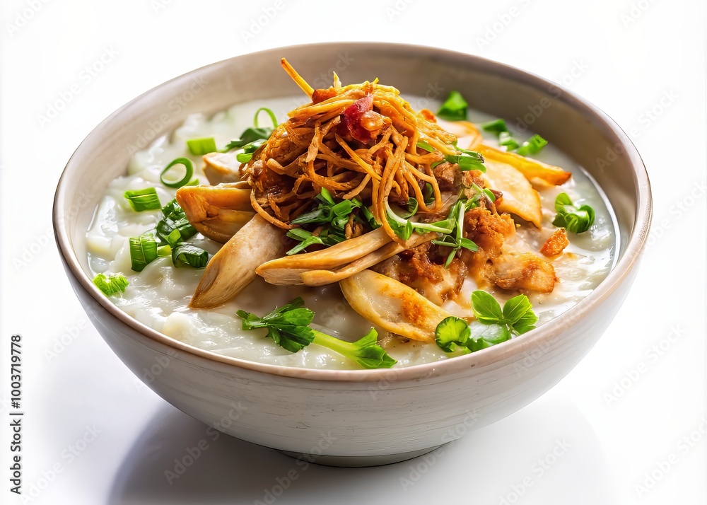 Vibrant and steaming bowl of Indonesian-style chicken congee, bubur ayam, garnished with crispy fried shallots, scallions, and served on a pristine white background. Vibrant and steaming bowl of Indonesian-style chicken congee, bubur ayam, garnished with crispy fried shallots, scallions, and served on a pristine white background.