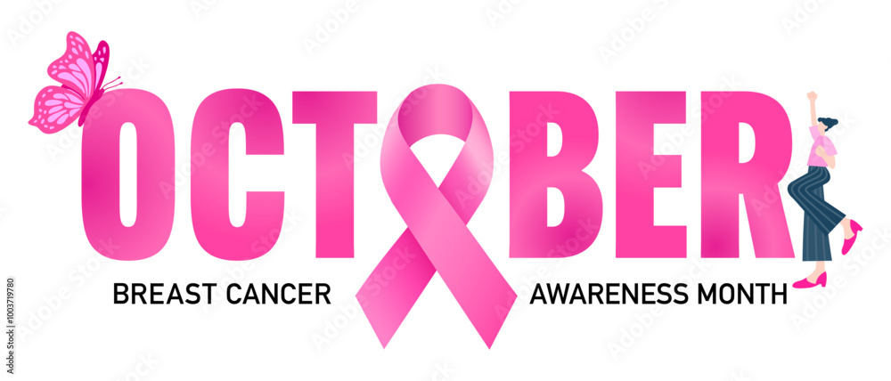 October lettering design with pink ribbon Woman in pink raised fist. Breast Cancer Awareness Month Campaign. For poster, banner and t-shirt. Vector Illustration. October lettering design with pink ribbon Woman in pink raised fist. Breast Cancer Awareness Month Campaign. For poster, banner and t-shirt. Vector Illustration.