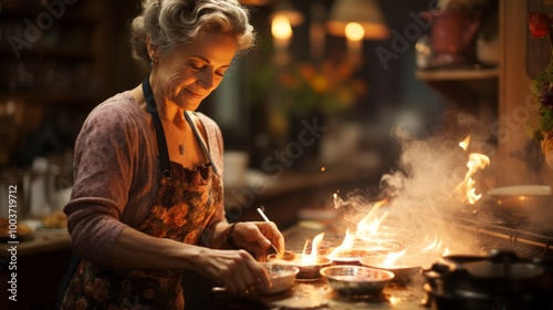 A senior woman in an apron cooks in a warm, rustic kitchen. She skillfully prepares dishes over open flames, reflecting experience and passion for culinary art in a cozy, intimate setting.