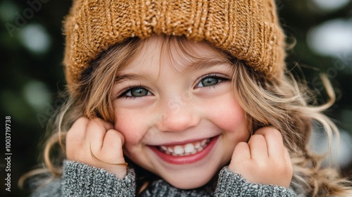 A heartwarming portrait of a smiling child wearing a knitted hat and sweater, set against a soft-focus background, capturing joy and warmth. photo