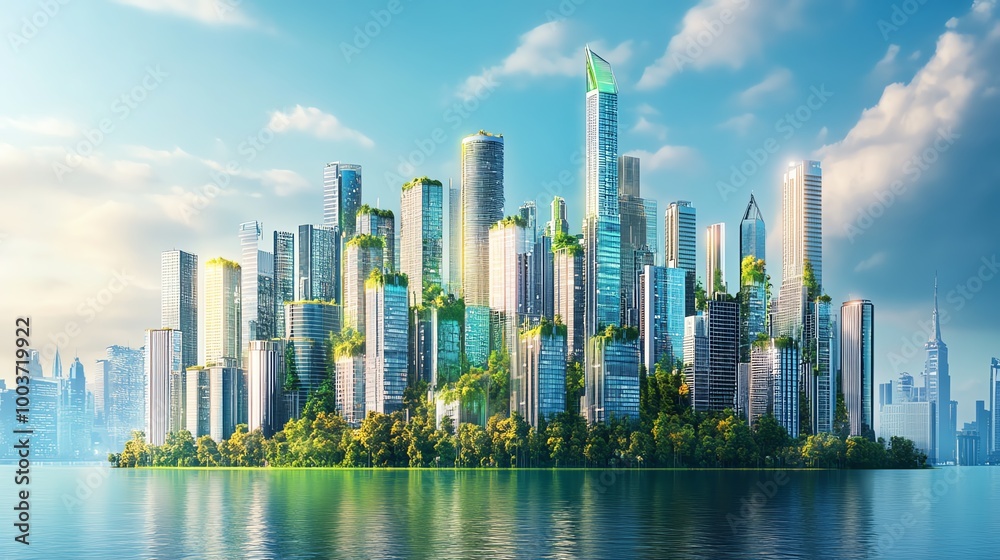 Naklejka premium Modern city skyline with lush greenery