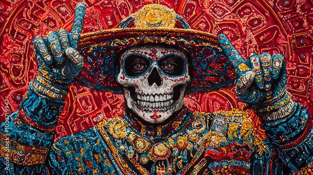 Obraz premium A skeleton dons a sombrero, one hand holding a peace sign, the other a second sombrero