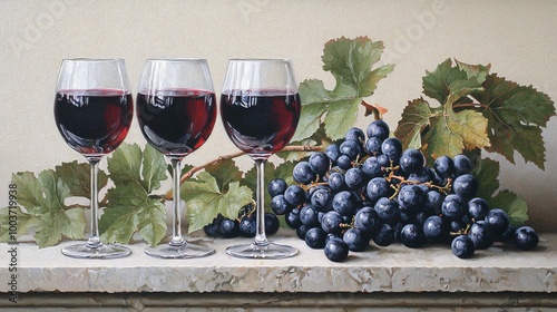  A painting of three glasses of wine and a cluster of grapes on a ledge